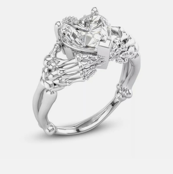 New Heart Shaped White Topaz Skeleton Hands Claddagh Ring. - Picture 8 of 10